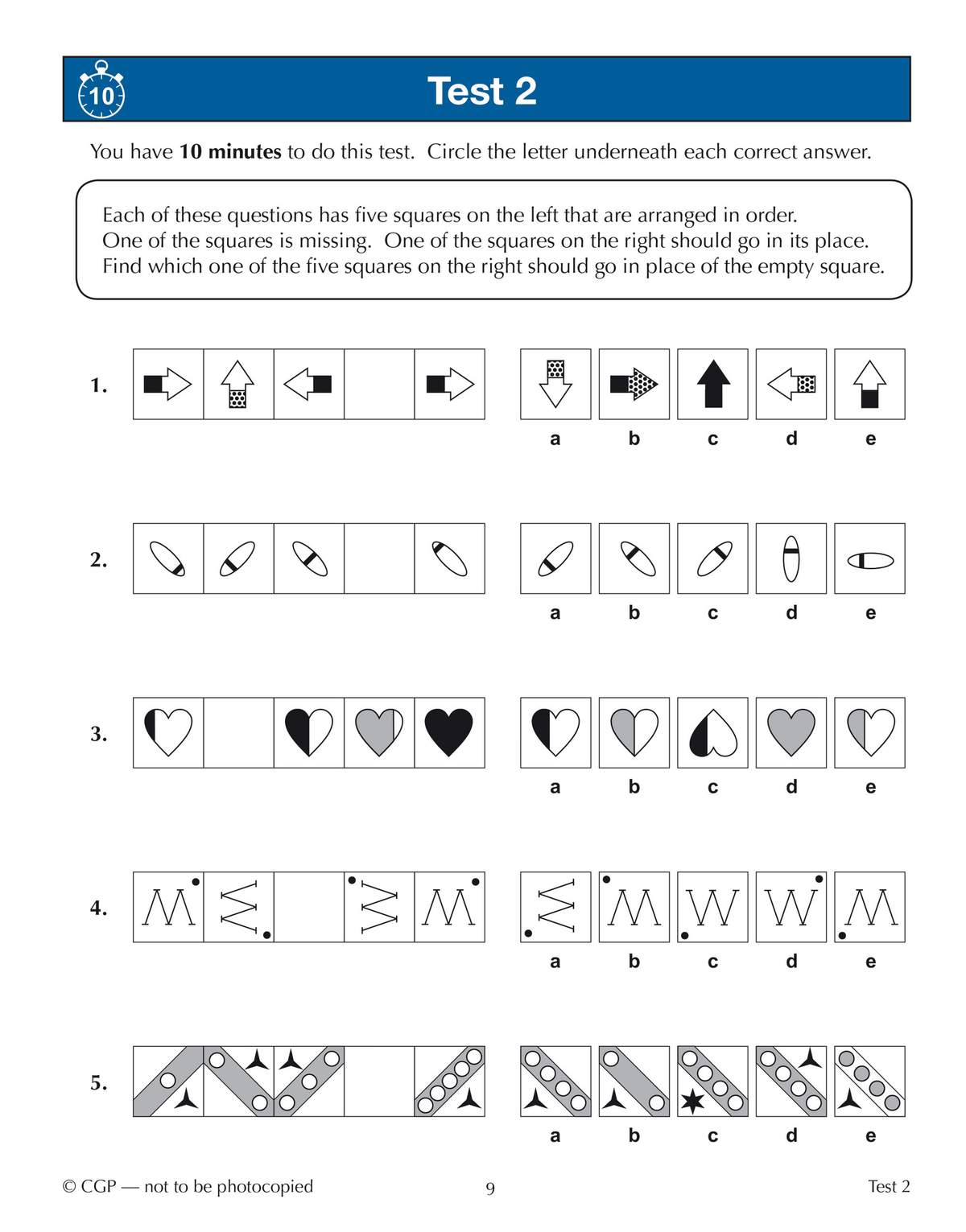 A timed test with five pattern sequences where pupils circle the correct missing shape from five options