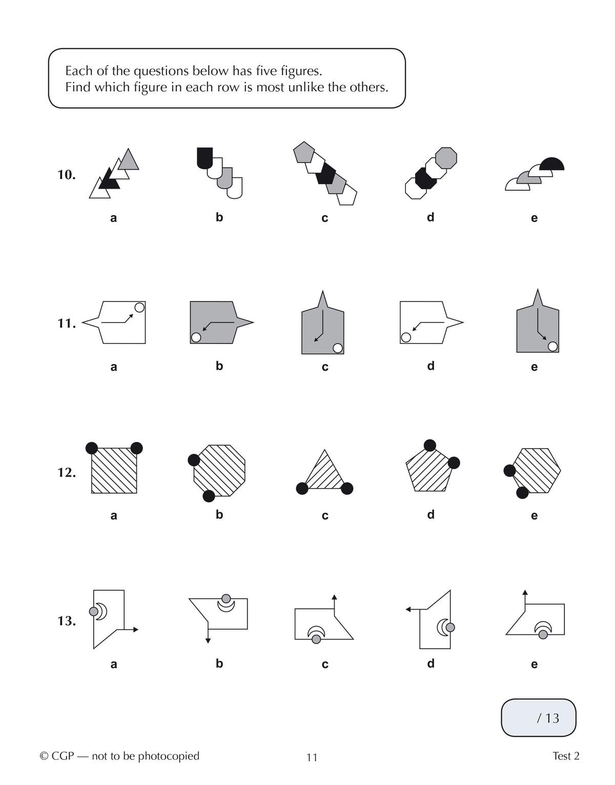 Four non-verbal reasoning questions ask children to find the figure most unlike the others in a row of five shapes