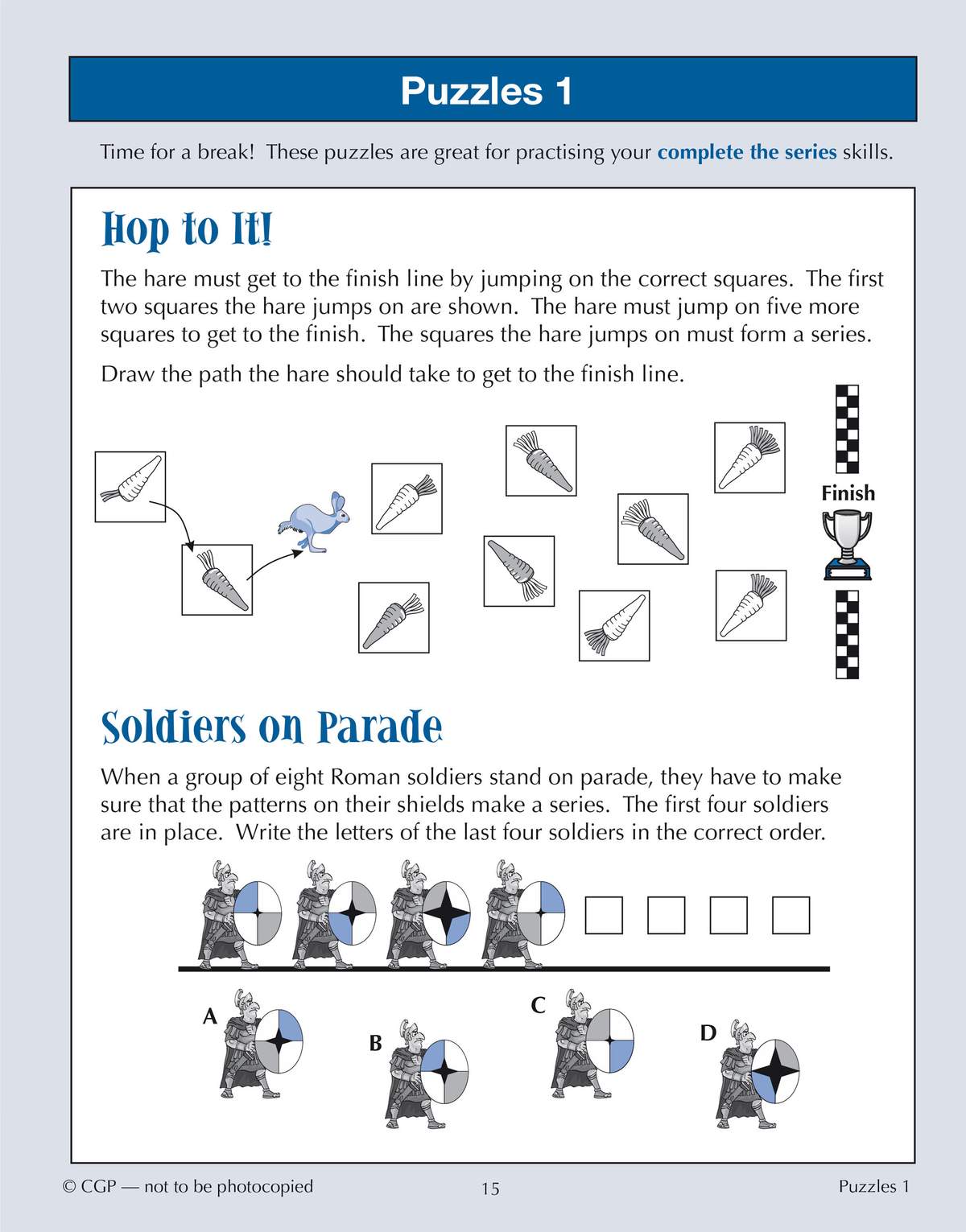Two non-verbal reasoning puzzles where children draw a path for a hare and select the correct soldier to complete a pattern