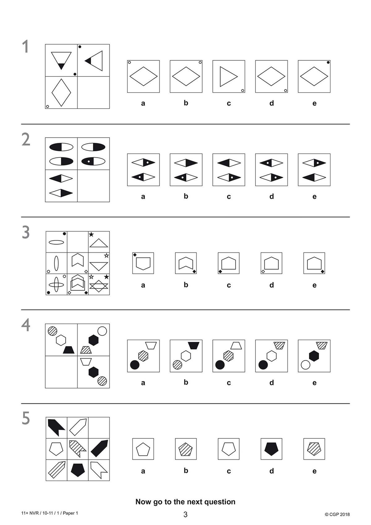 Five pattern questions where children select the correct shape to complete the grid from five options