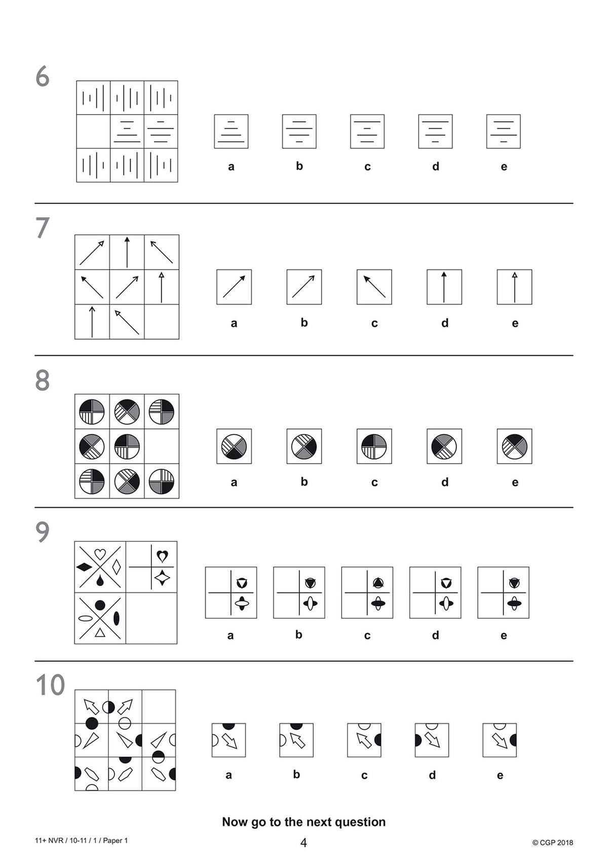 Five non-verbal reasoning questions asking children to identify the missing shape in a grid from five options