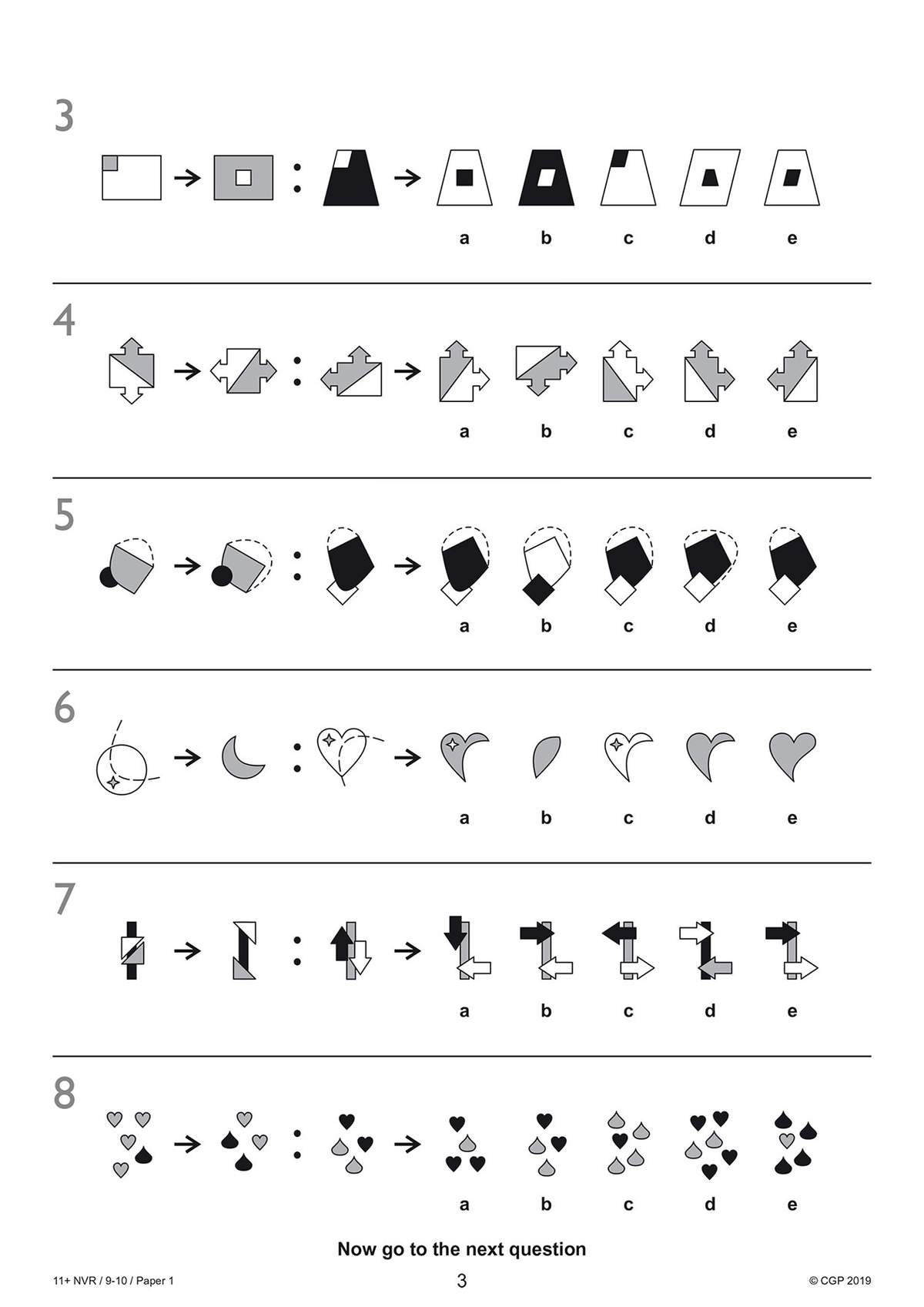 Six pattern questions where children select the correct shape to complete the sequence