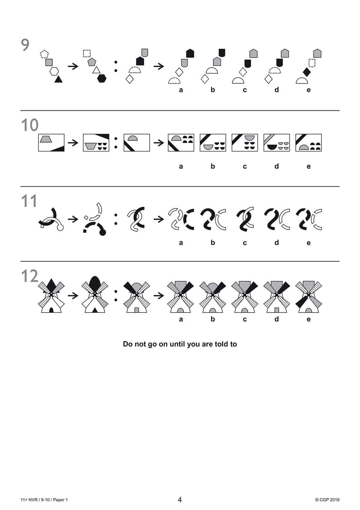 Four non-verbal reasoning questions with multiple-choice answers, testing pattern recognition with shapes