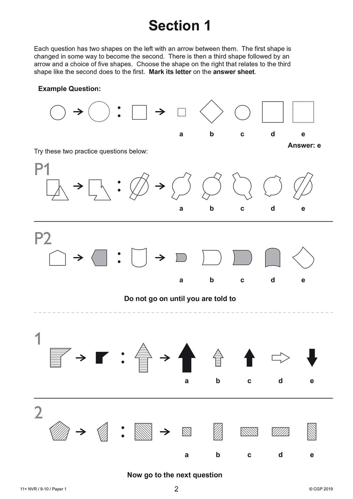 Six non-verbal reasoning questions where children identify shape transformations and mark their answers
