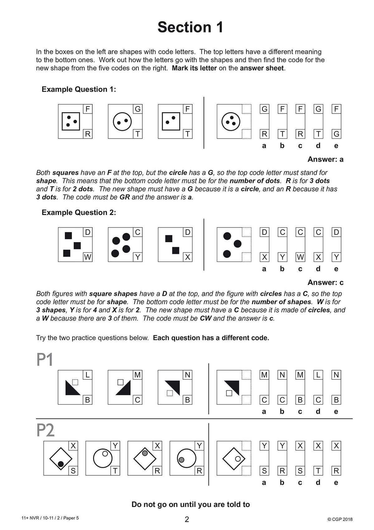 Two worked examples and two practice questions on decoding shapes and dots into letter codes