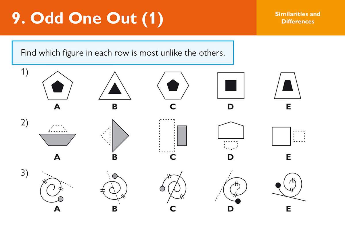 Three sets of five shapes where children must identify the figure that differs from the others in each row