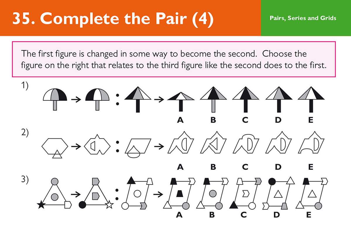 Three non-verbal reasoning questions where children find the matching shape from five options