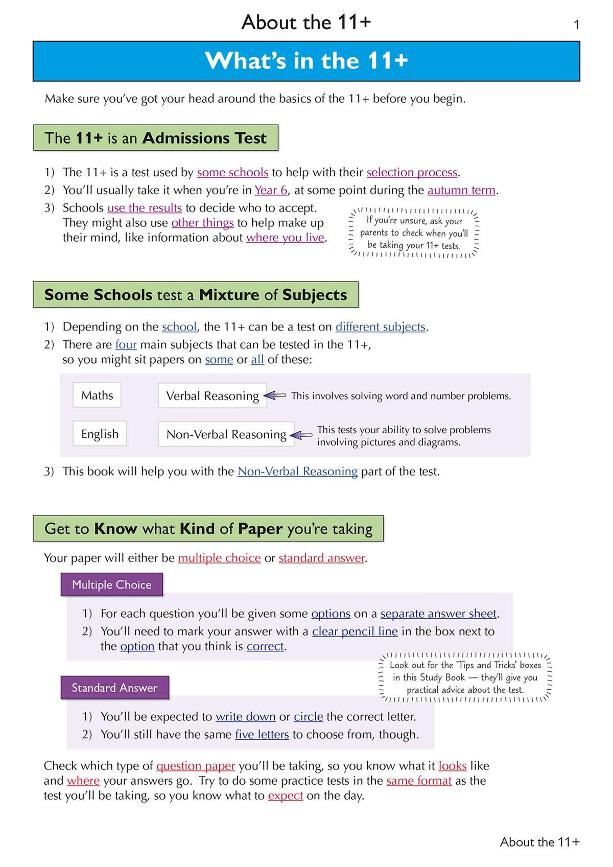 An introduction explaining the 11+ test, the subjects covered, and the two paper types
