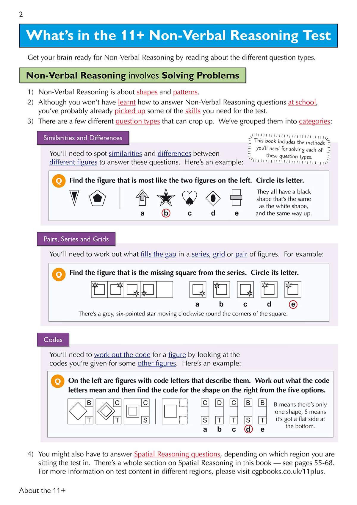 This page explains different non-verbal reasoning question types with examples for children to circle the correct answer