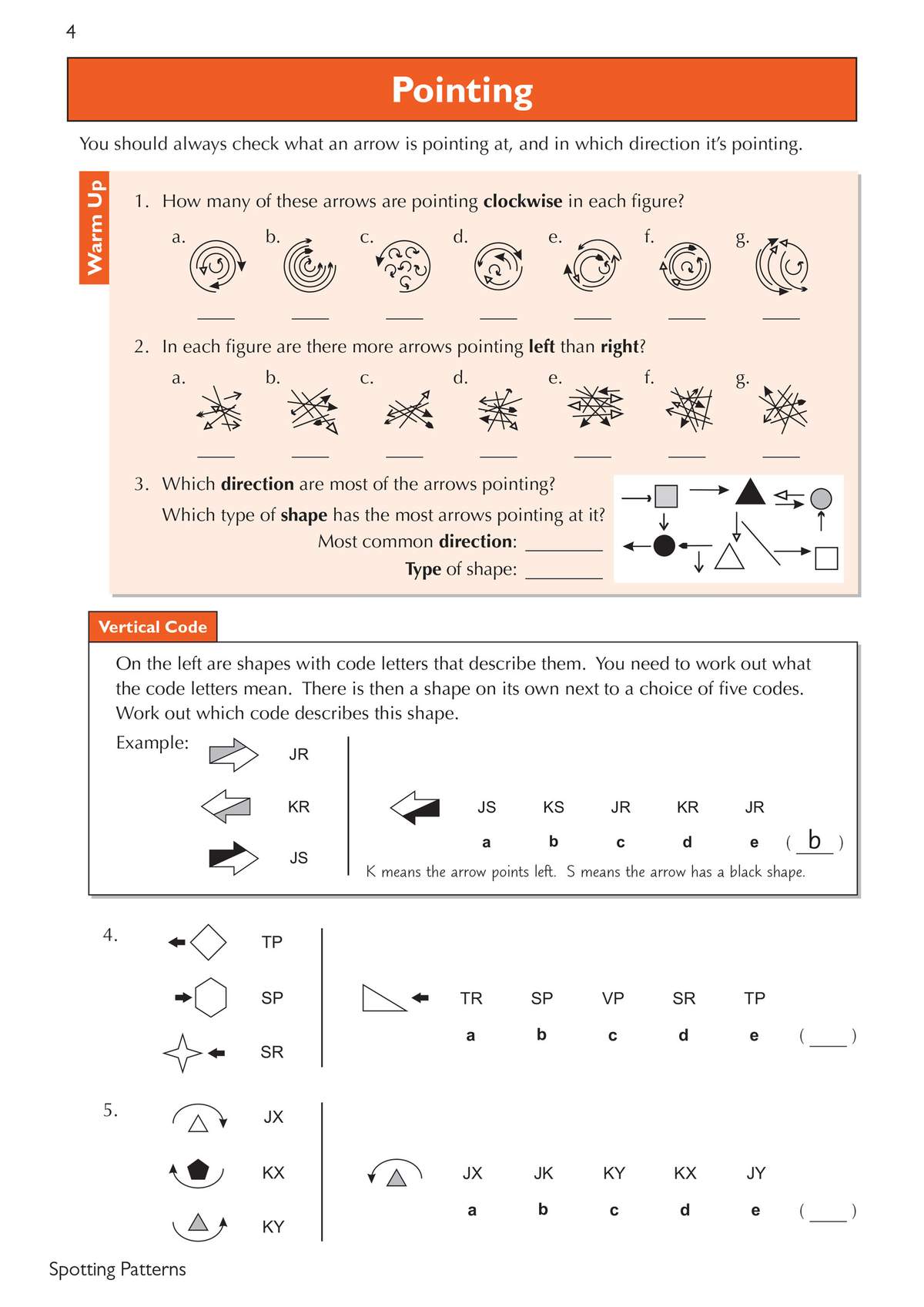 Children count clockwise arrows, compare left and right directions, and decode arrow shapes using letter codes