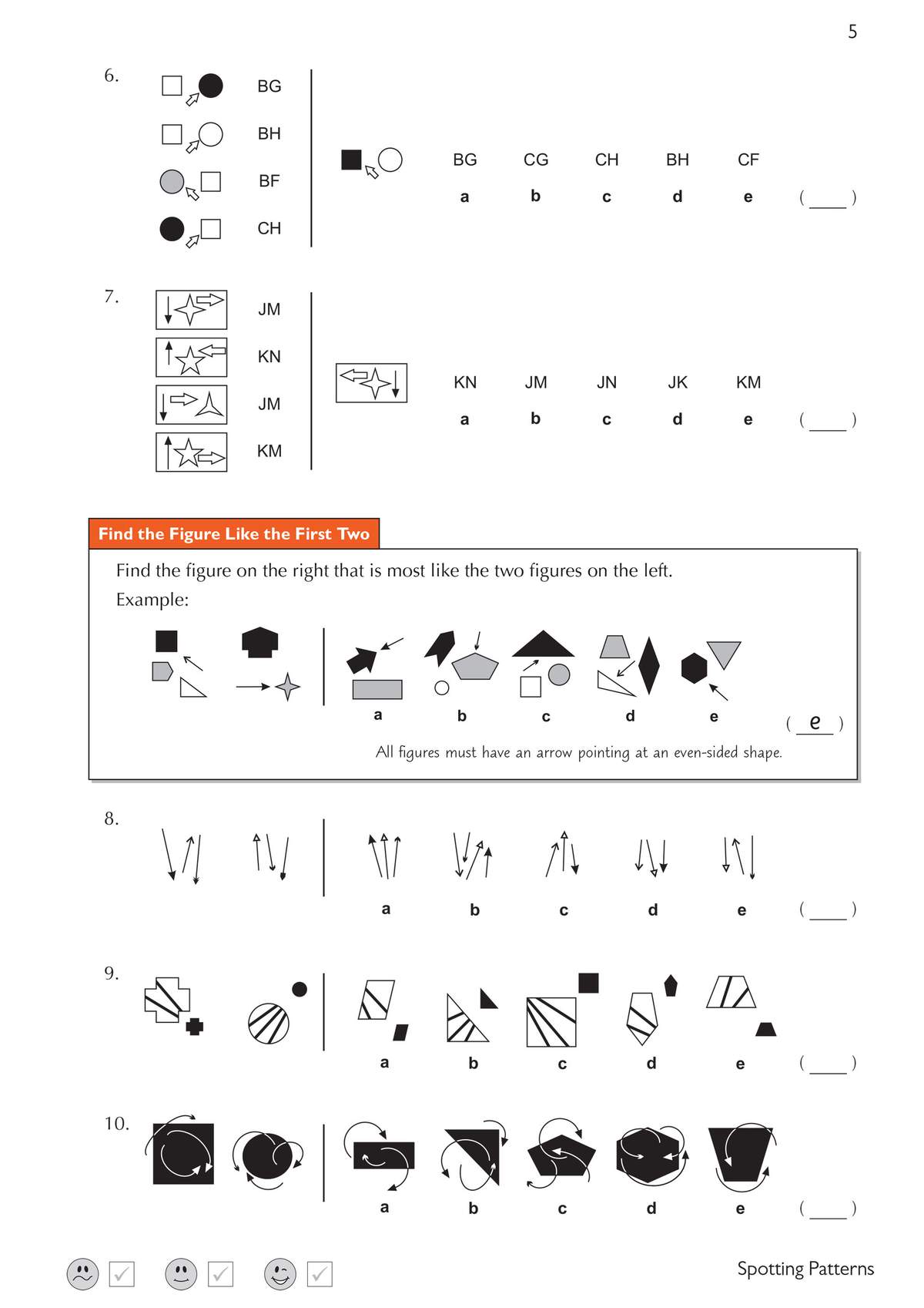 Children select the correct option from five choices for each pattern, building their ability to spot visual rules