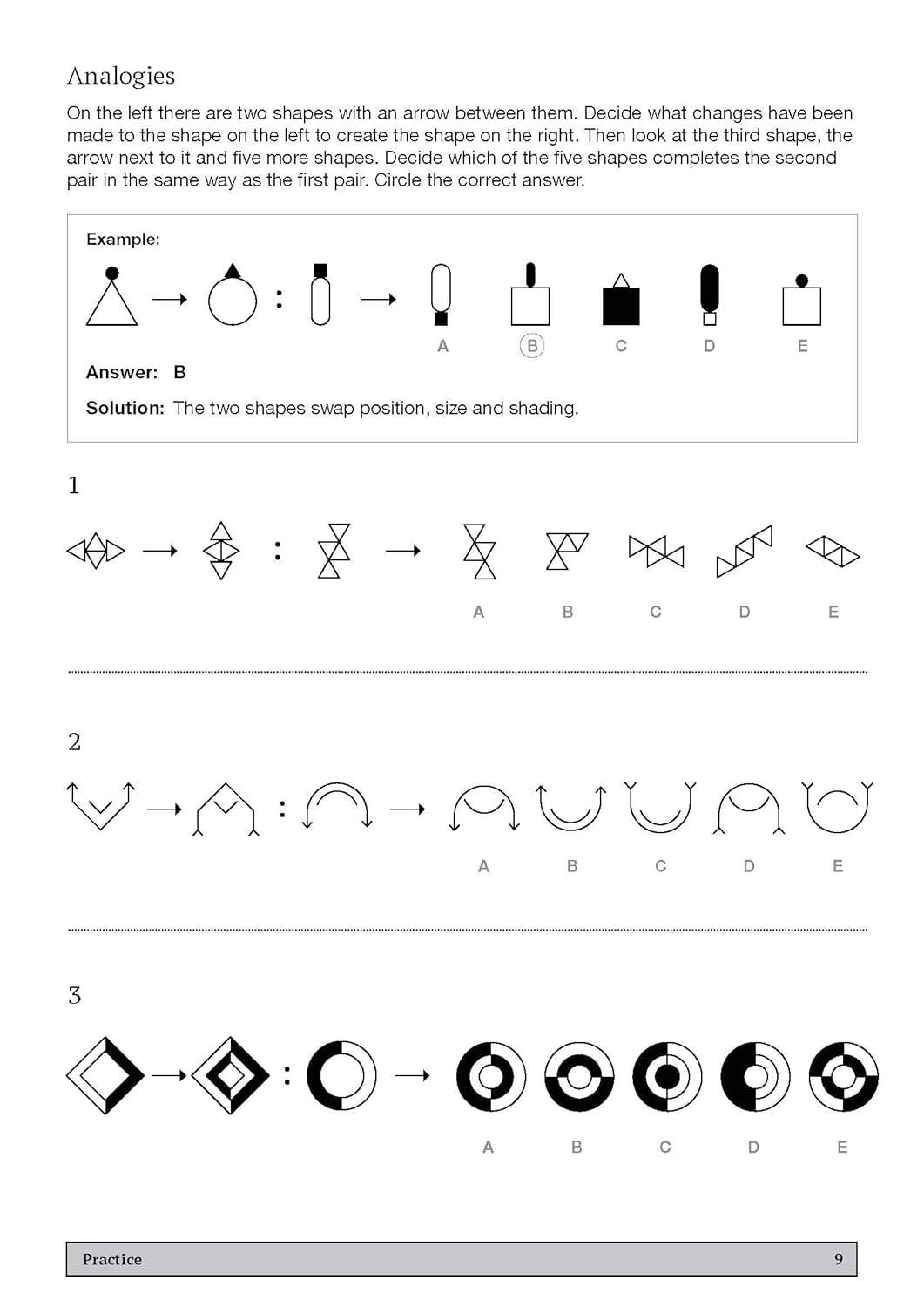 Three analogy questions where children identify shape changes and circle the correct answer from five options