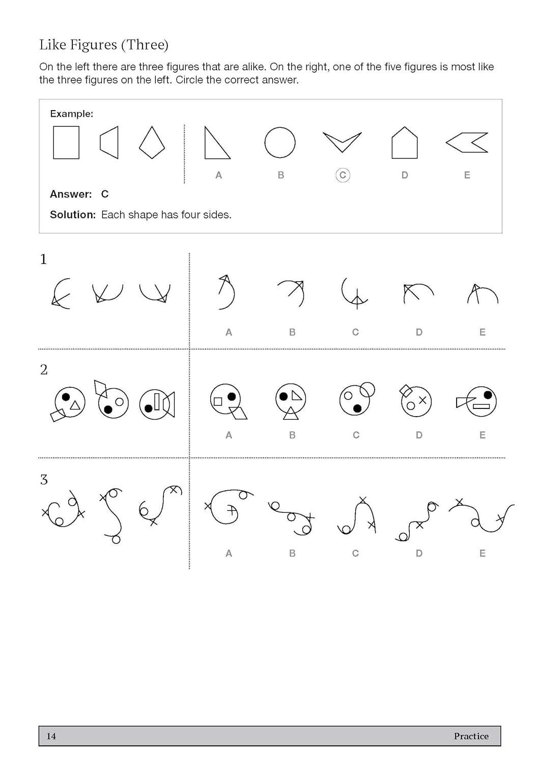 Children circle the correct answer from five options for three non-verbal reasoning questions based on shape patterns