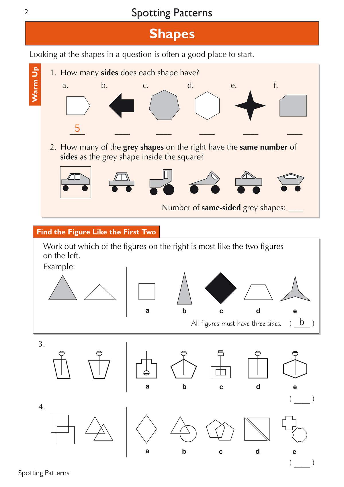 Children count sides of shapes and match grey vehicles, then find figures with three sides and complete pattern sequences