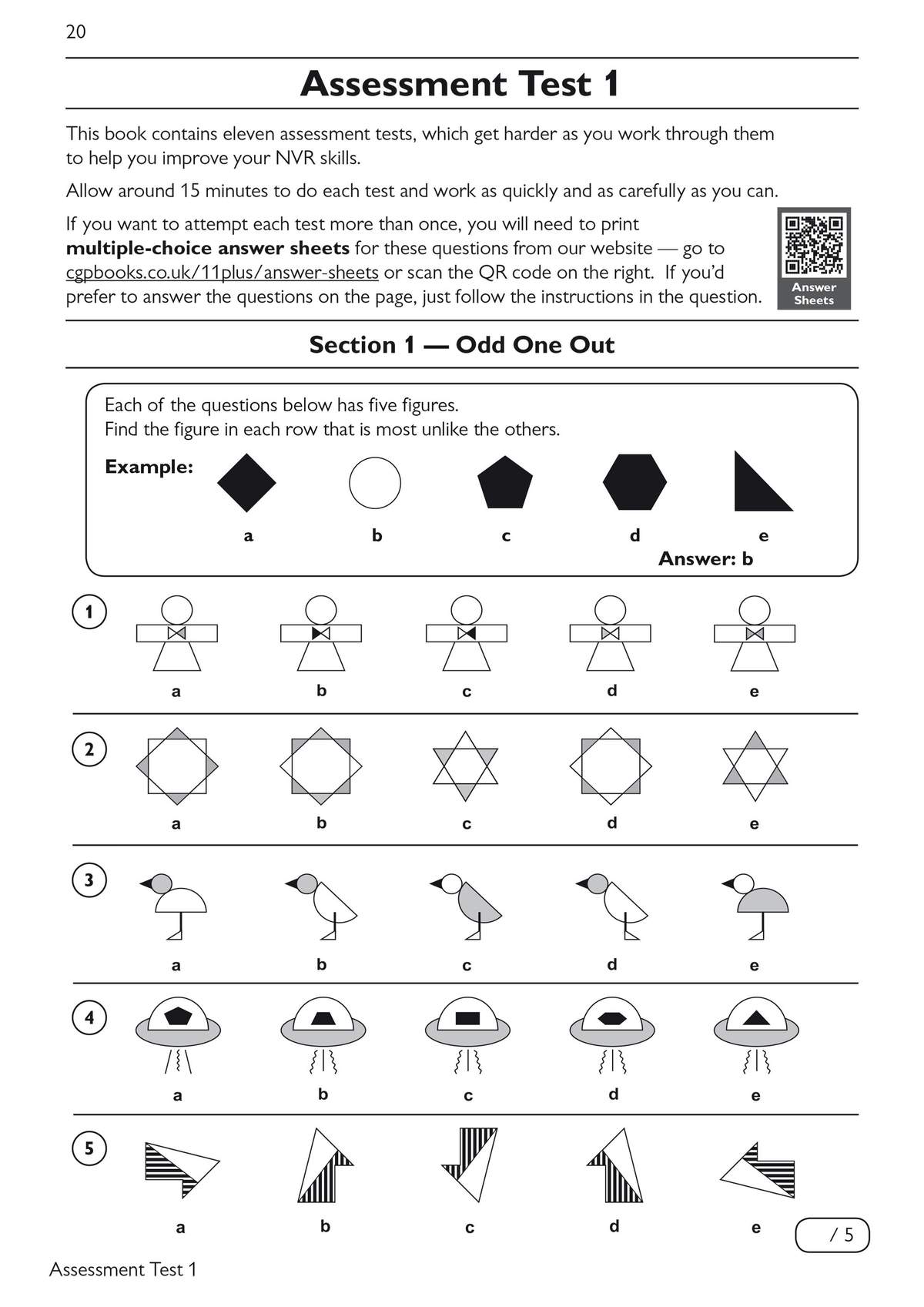 Five sets of five figures where children must find the odd one out to practise pattern recognition