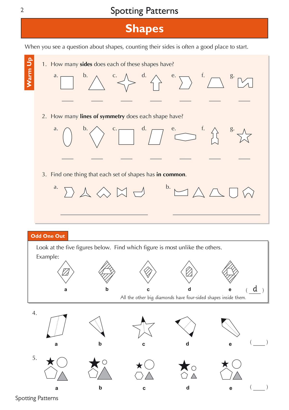 Children count sides and lines of symmetry on shapes, find common features, and identify the odd one out in pattern sets