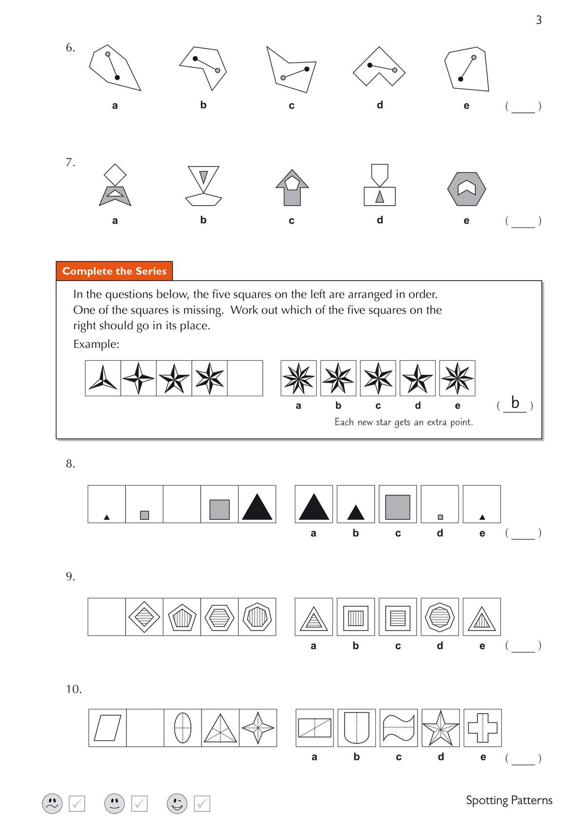 Children complete five pattern questions by selecting the correct shape to finish the sequence