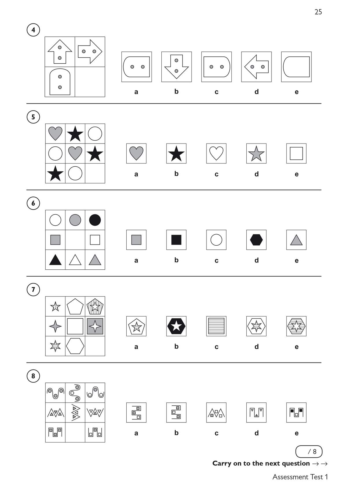 Eight non-verbal reasoning questions where children find the missing shape in a grid by spotting patterns