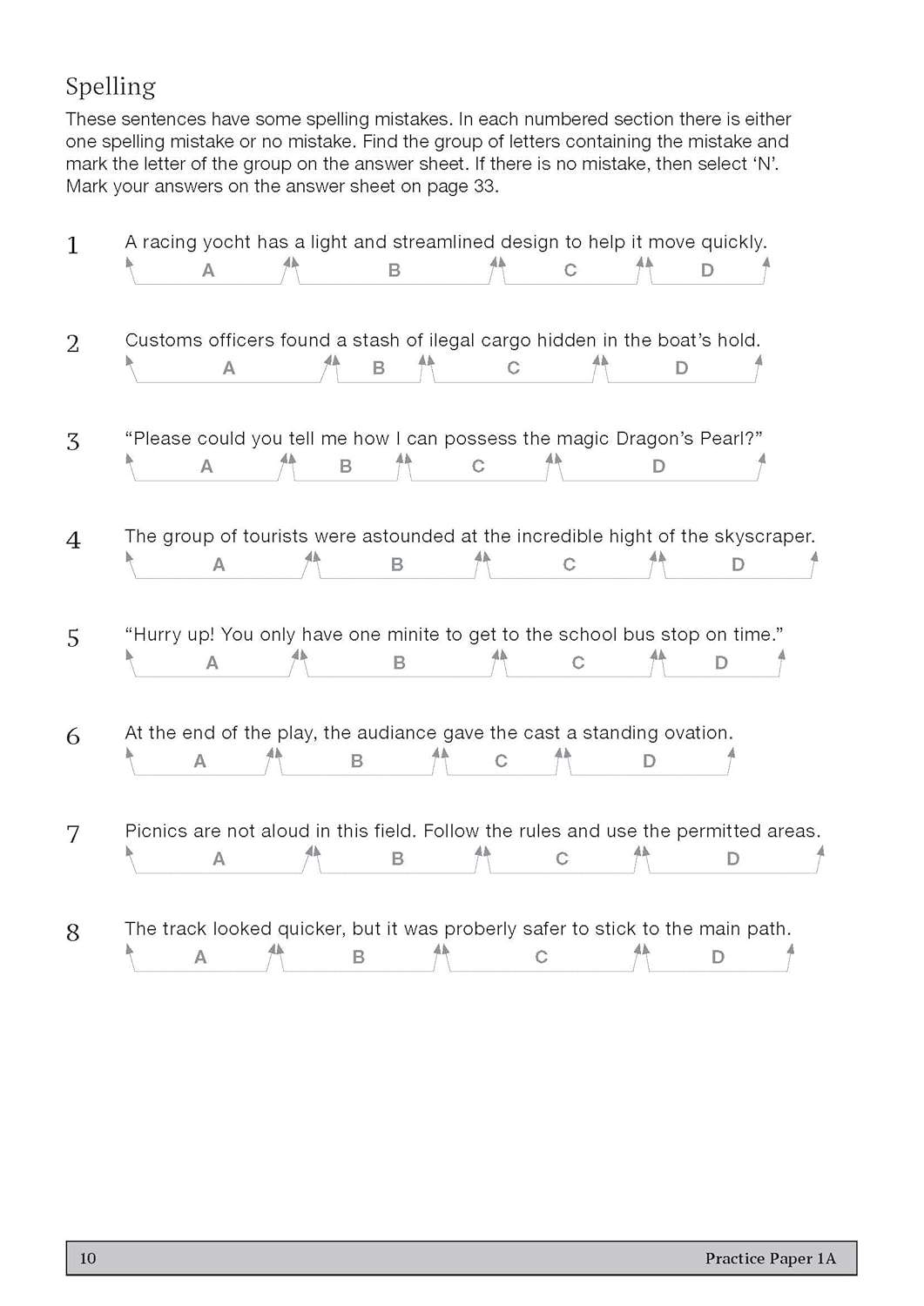Eight sentences with potential spelling errors, where children identify the mistake in each group of four words