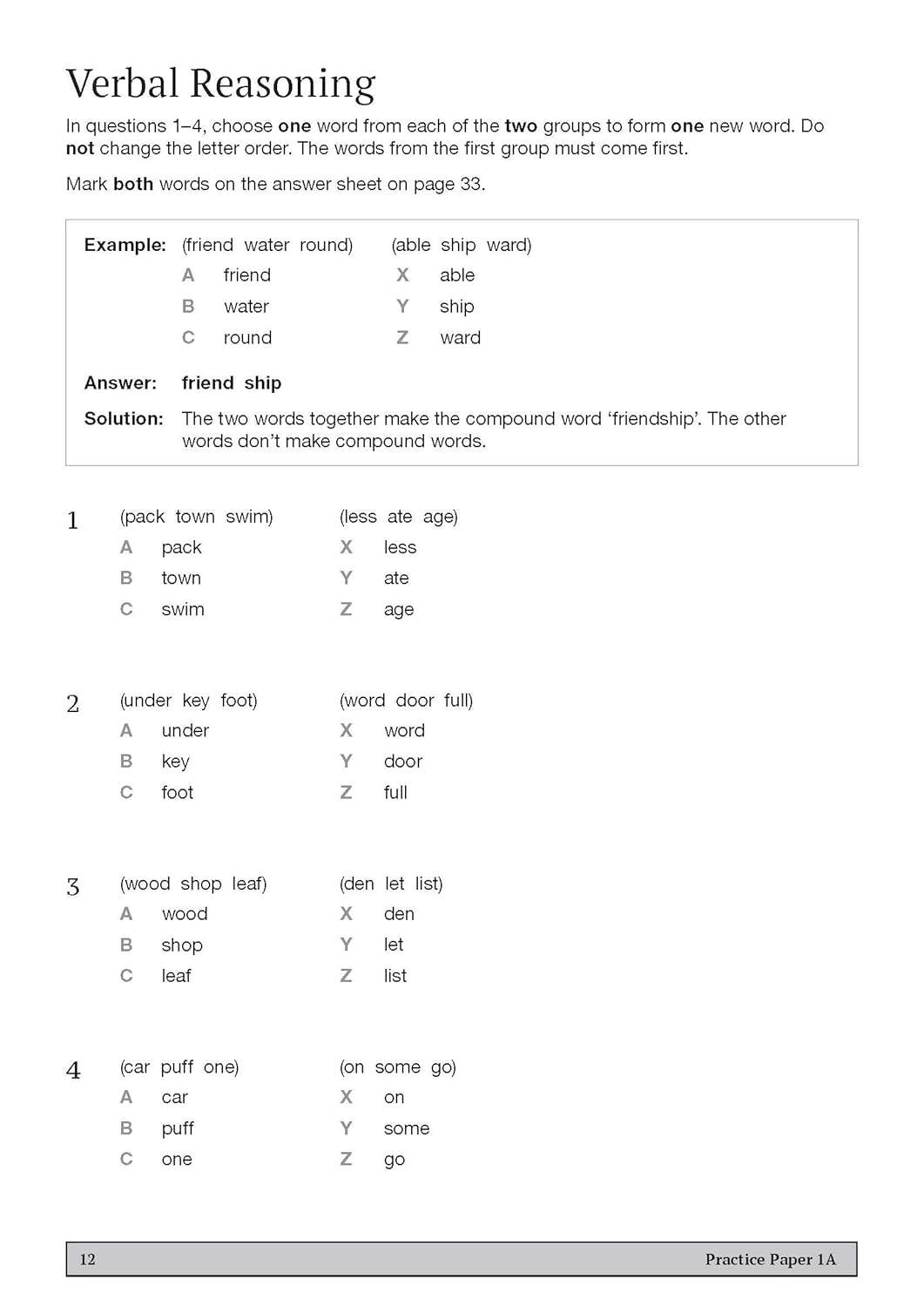 Four verbal reasoning questions where children select words from two groups to form compound words, with an example provided