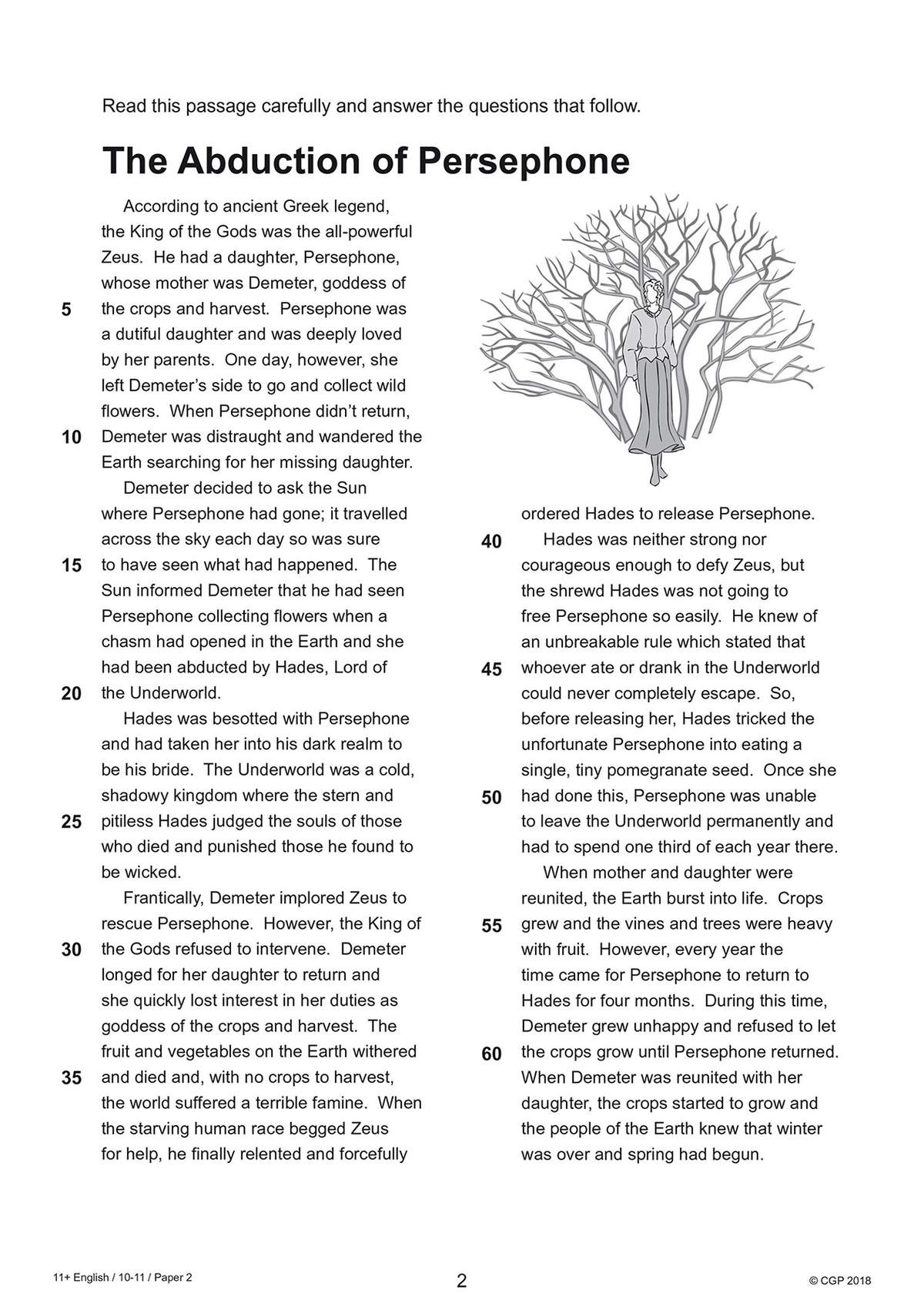 A reading passage about the Greek myth of Persephone, followed by five comprehension questions for the child to answer