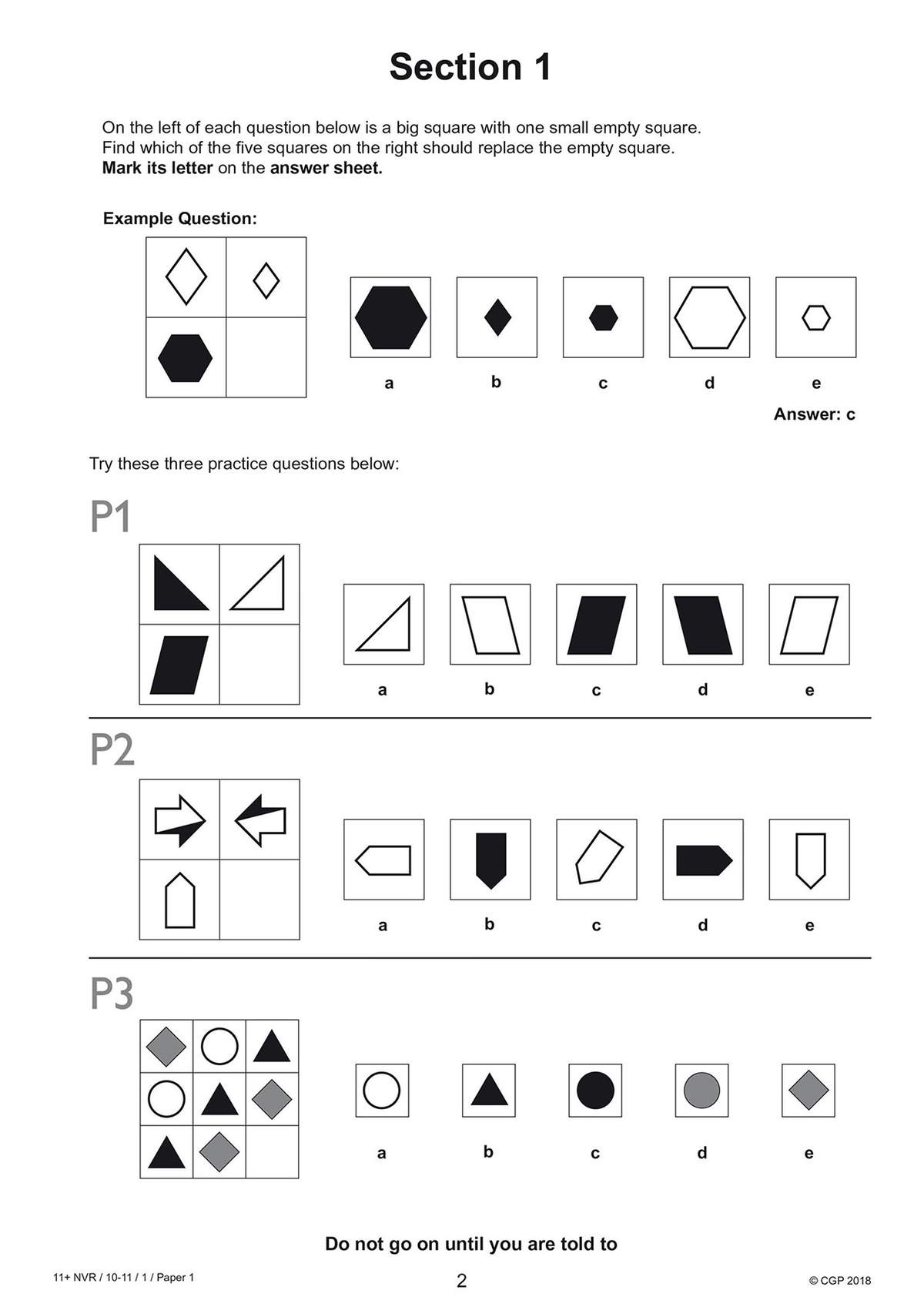 Three pattern questions where children select the correct shape to complete a grid from five options