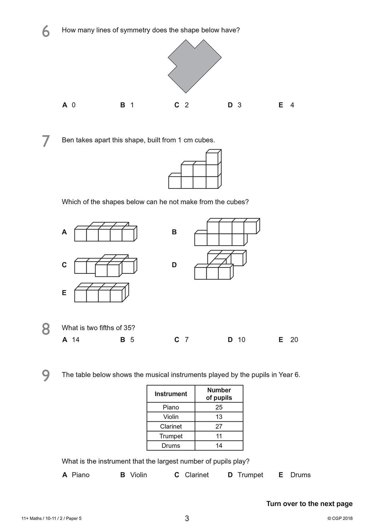 Four multiple-choice questions on symmetry, volume, fractions and data handling, including a table of musical instruments