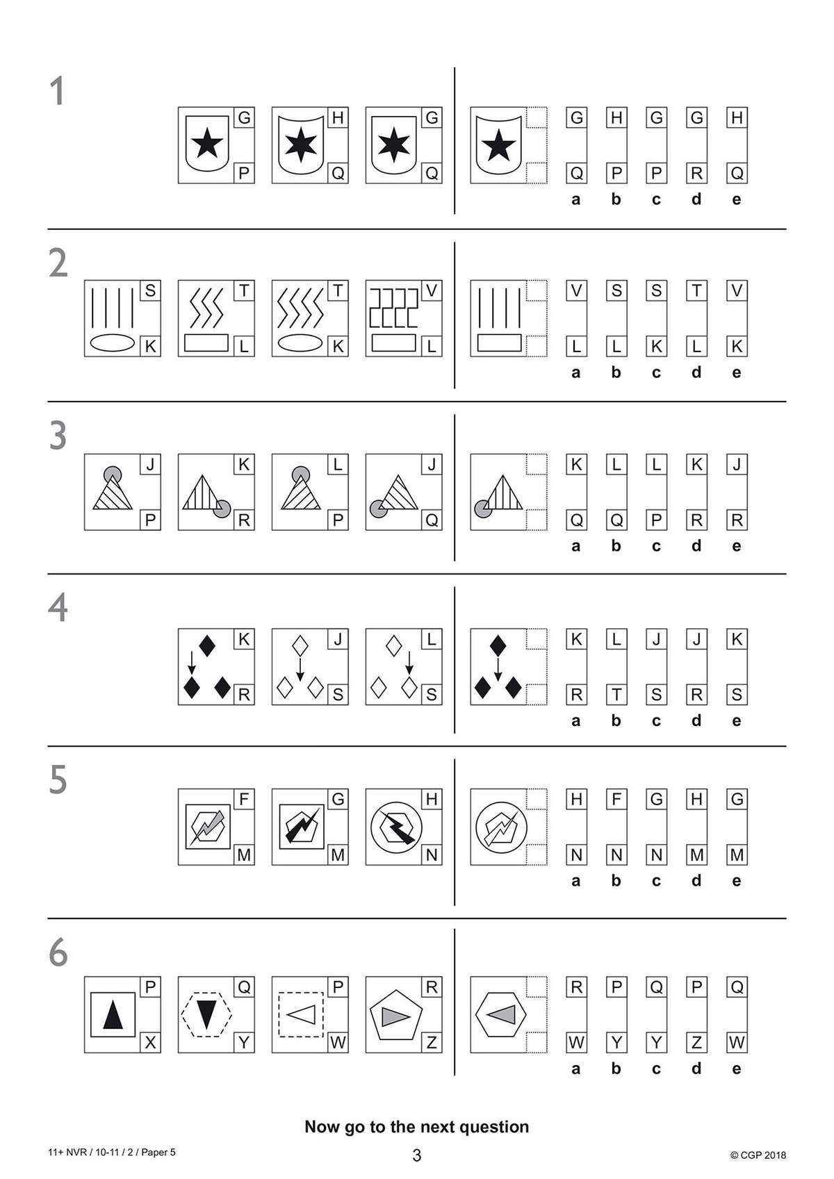 Six non-verbal reasoning questions where children select the correct shape to complete a pattern