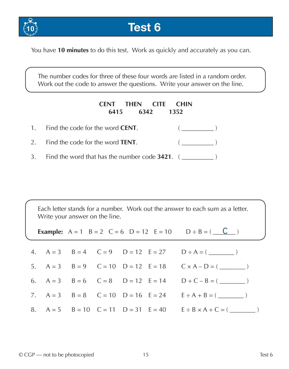 A timed 10-minute test with number code puzzles and letter-to-number sums for children to solve