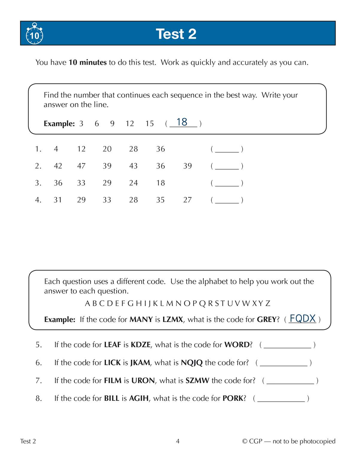 A timed test with four number sequences and four letter codes to decode, requiring quick and accurate answers