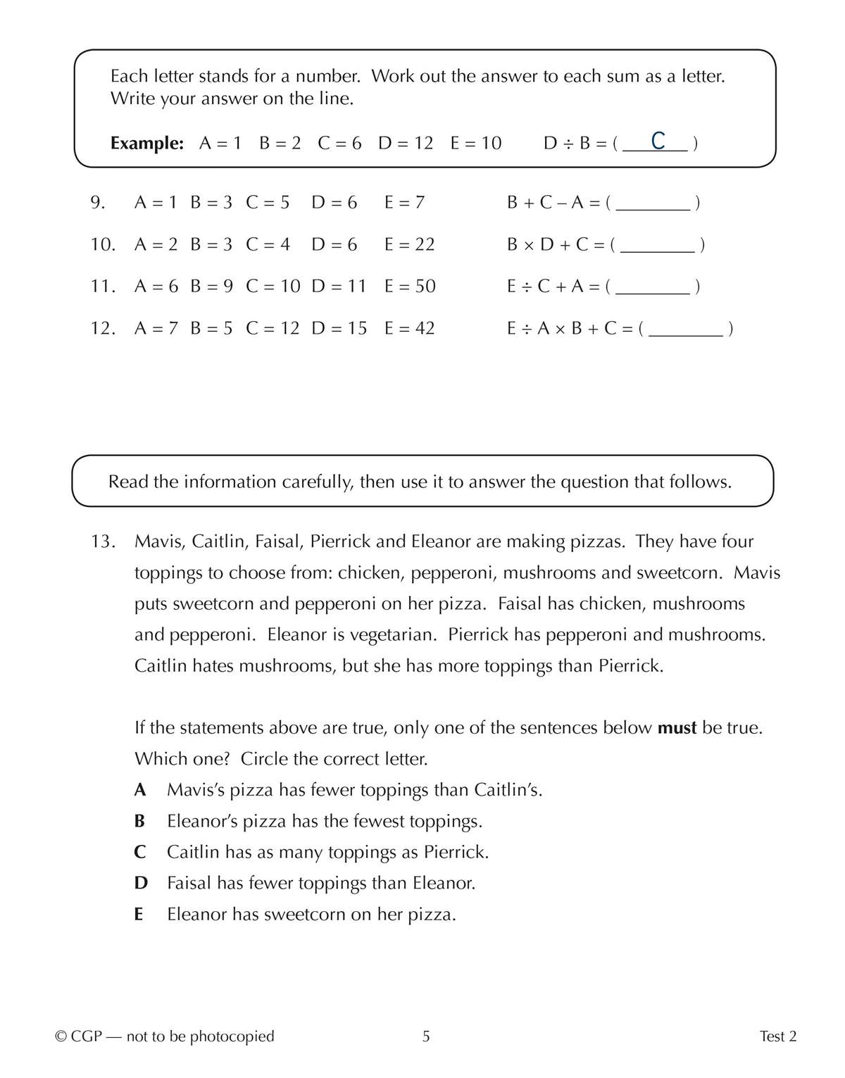 A verbal reasoning exercise where children deduce pizza toppings from clues