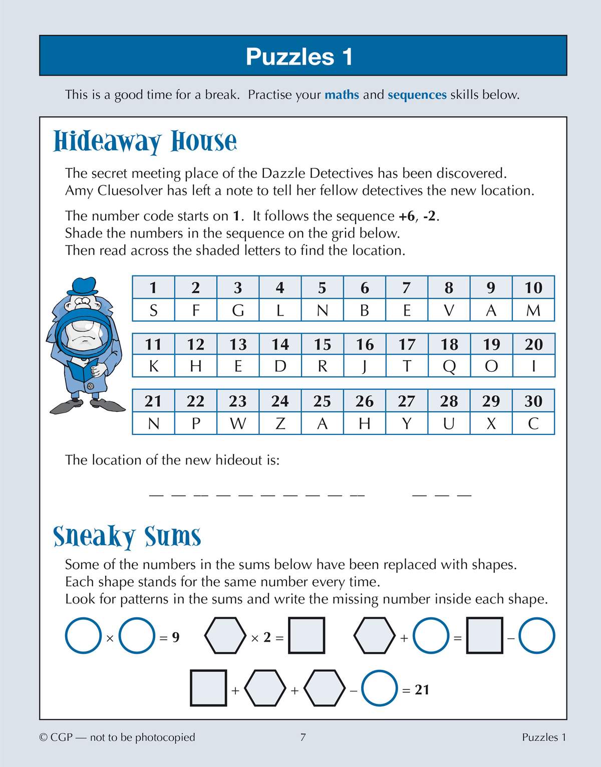 Children shade numbers in a grid to reveal a code, then solve shape-based sums to find missing values