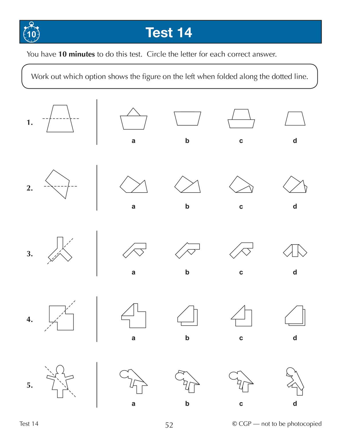 Ten-minute timed test with five questions on folding 2D shapes, where children circle the correct 3D result