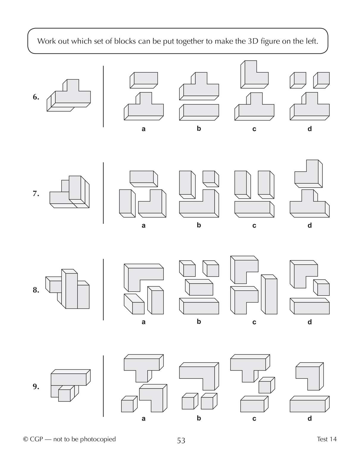 Four questions ask children to match 3D figures with the correct set of component blocks