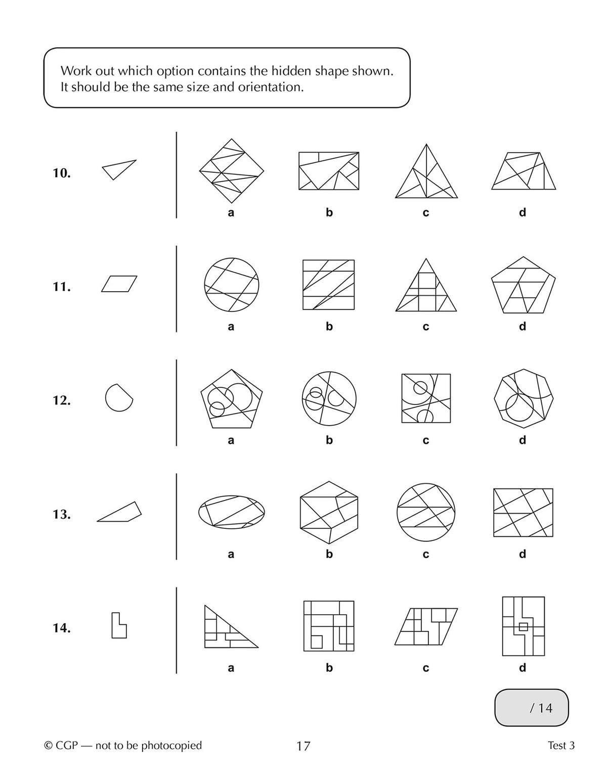 Fourteen multiple-choice questions where children find a hidden shape inside a larger pattern