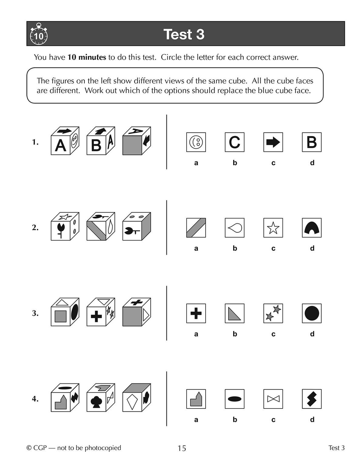 Four timed questions on cube views, where children circle the correct option to replace a missing face