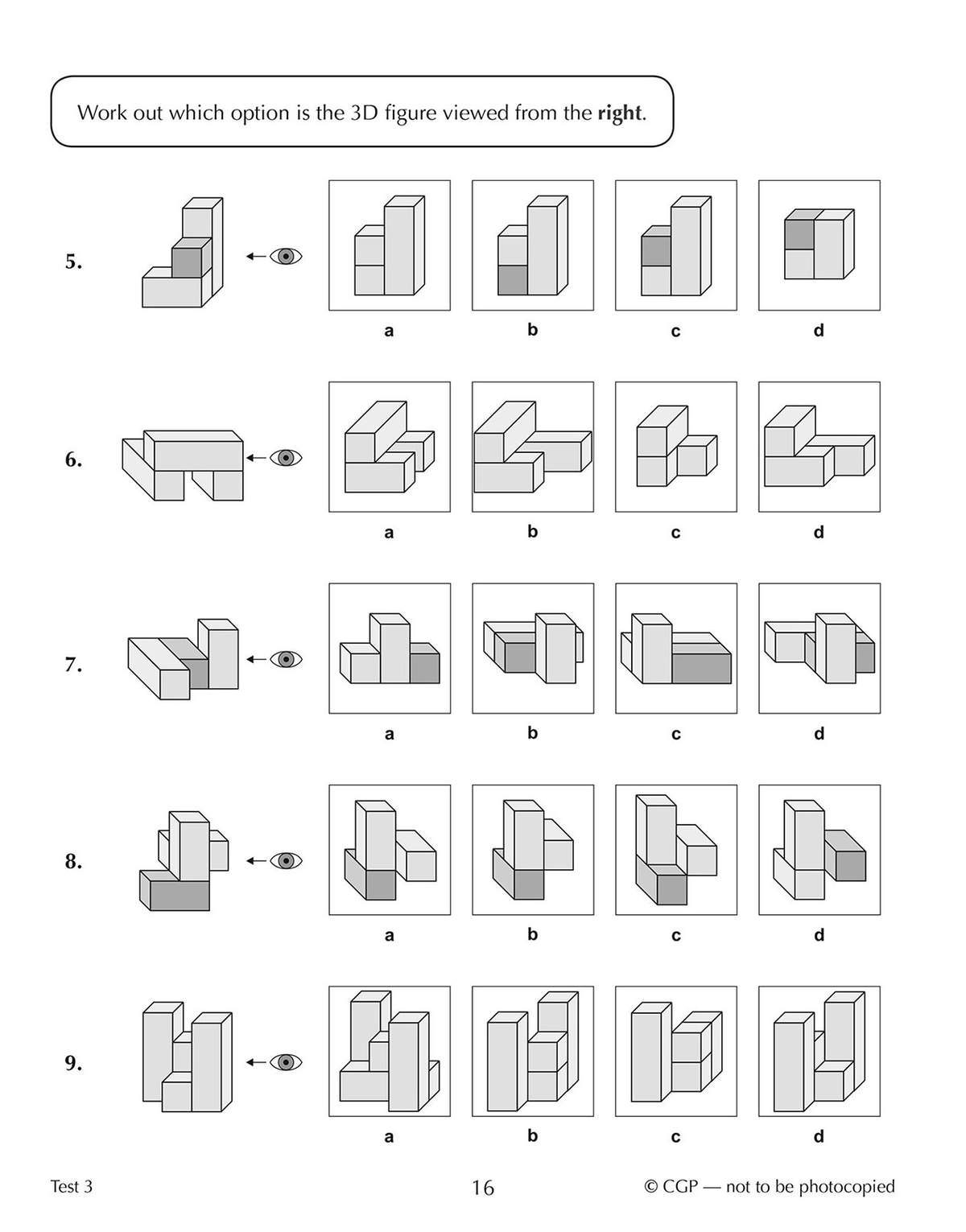 Five questions ask children to identify the correct 2D view of 3D block figures when seen from the right