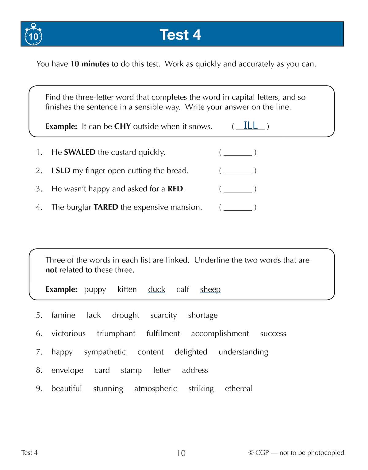 A timed verbal reasoning test with word completion and categorisation questions to build speed and accuracy