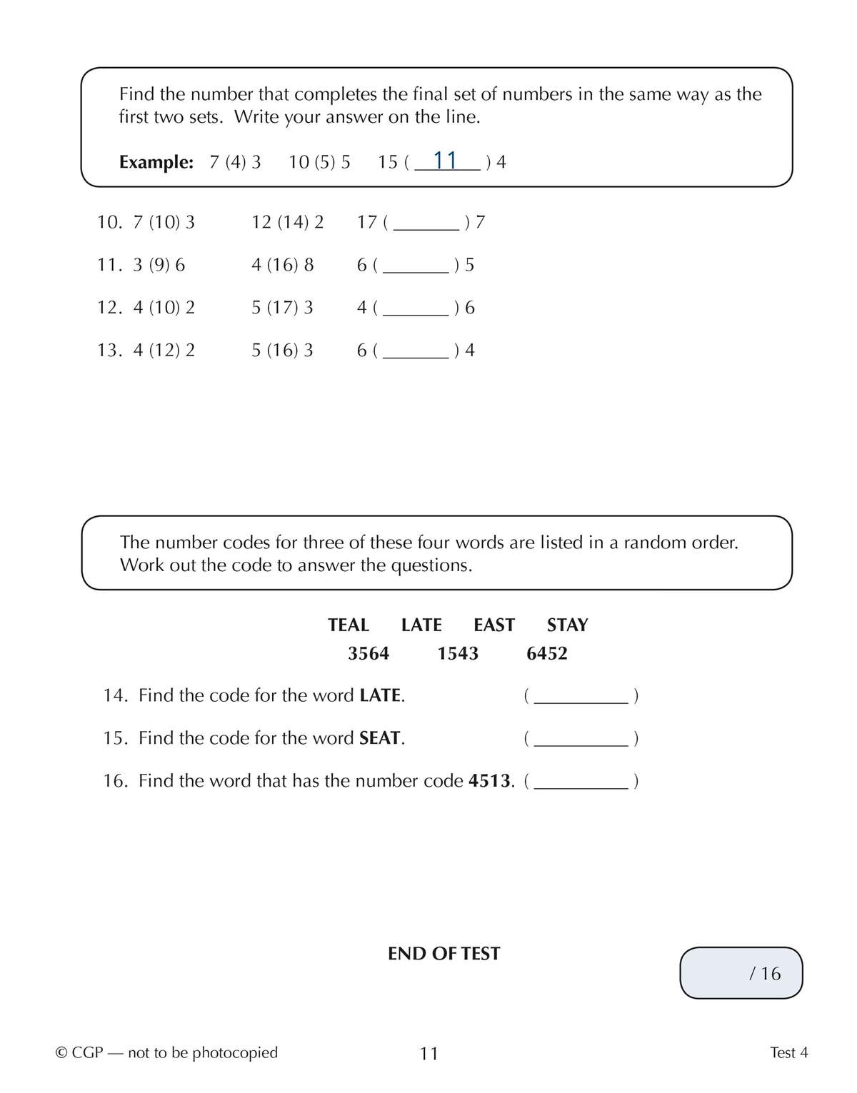 A test page with number pattern questions and a word code puzzle to complete