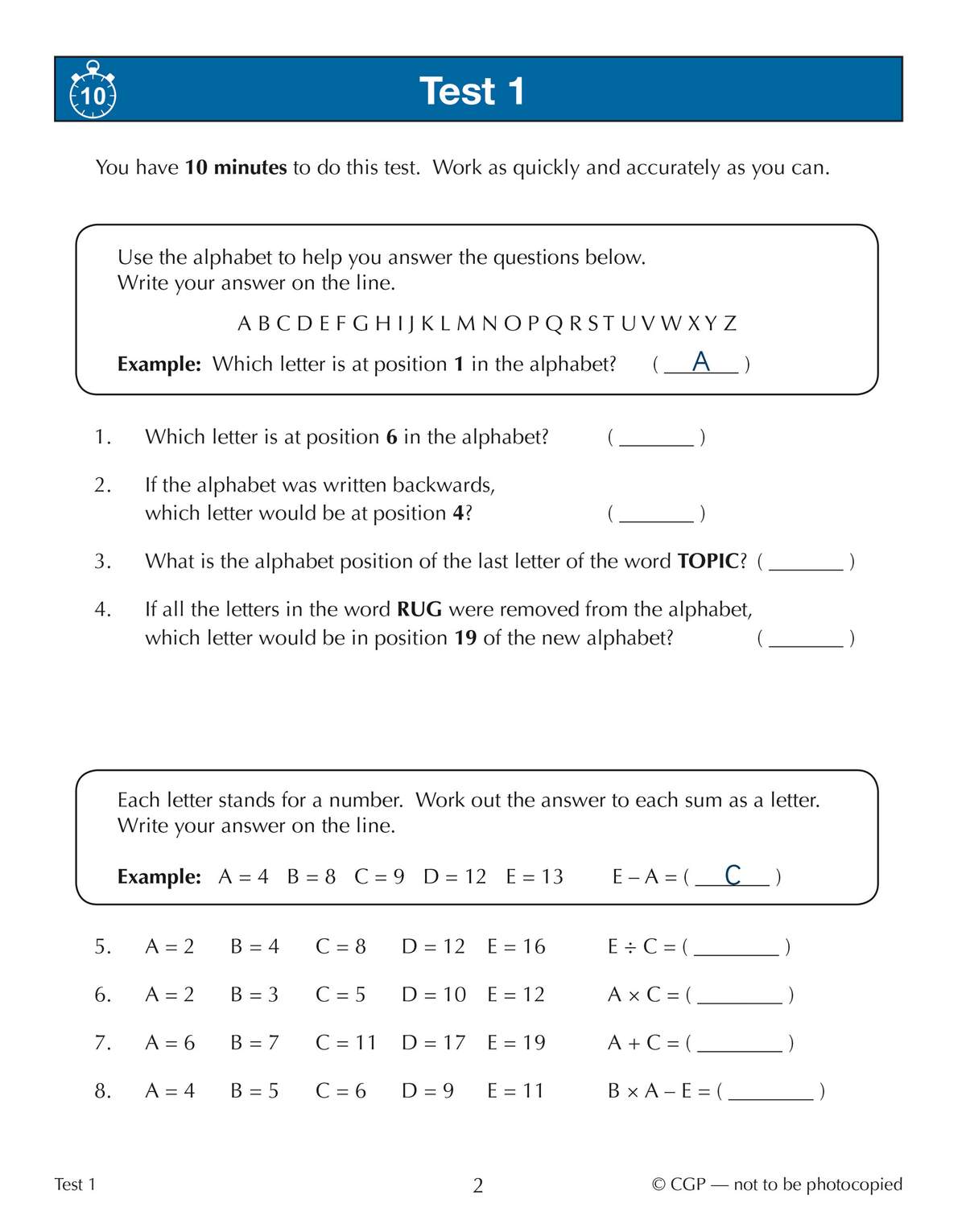 A timed test with four alphabet position questions and four letter substitution sums to solve