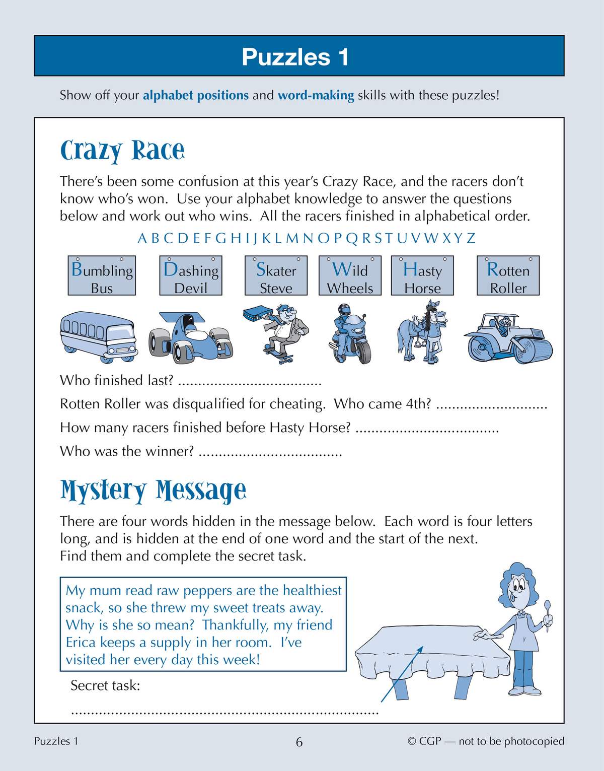 Two verbal reasoning puzzles on alphabet order and hidden words, with questions to answer and a secret task to complete