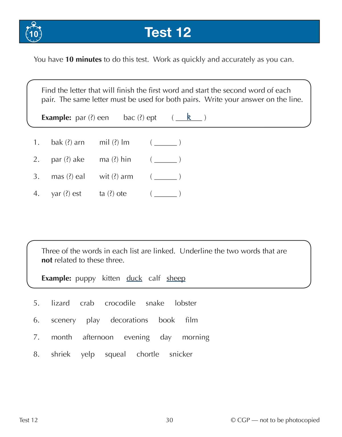 A timed verbal reasoning test with word completion and pattern recognition questions