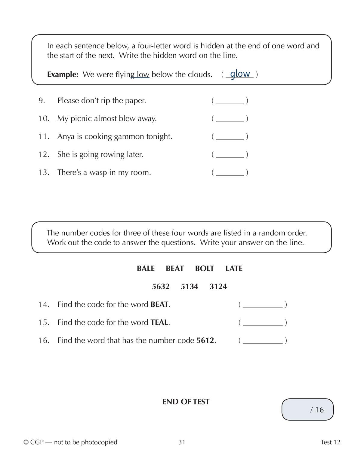 Two verbal reasoning tasks: finding hidden four-letter words in sentences and decoding number codes to answer questions