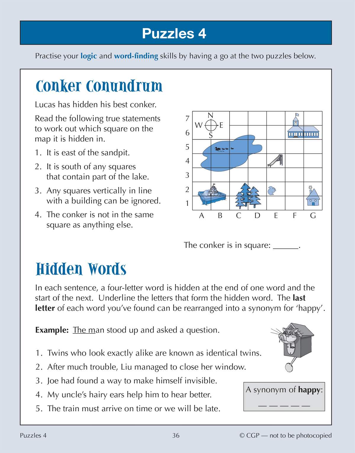 Two puzzles to practise logic and word-finding skills, including a grid map and hidden words