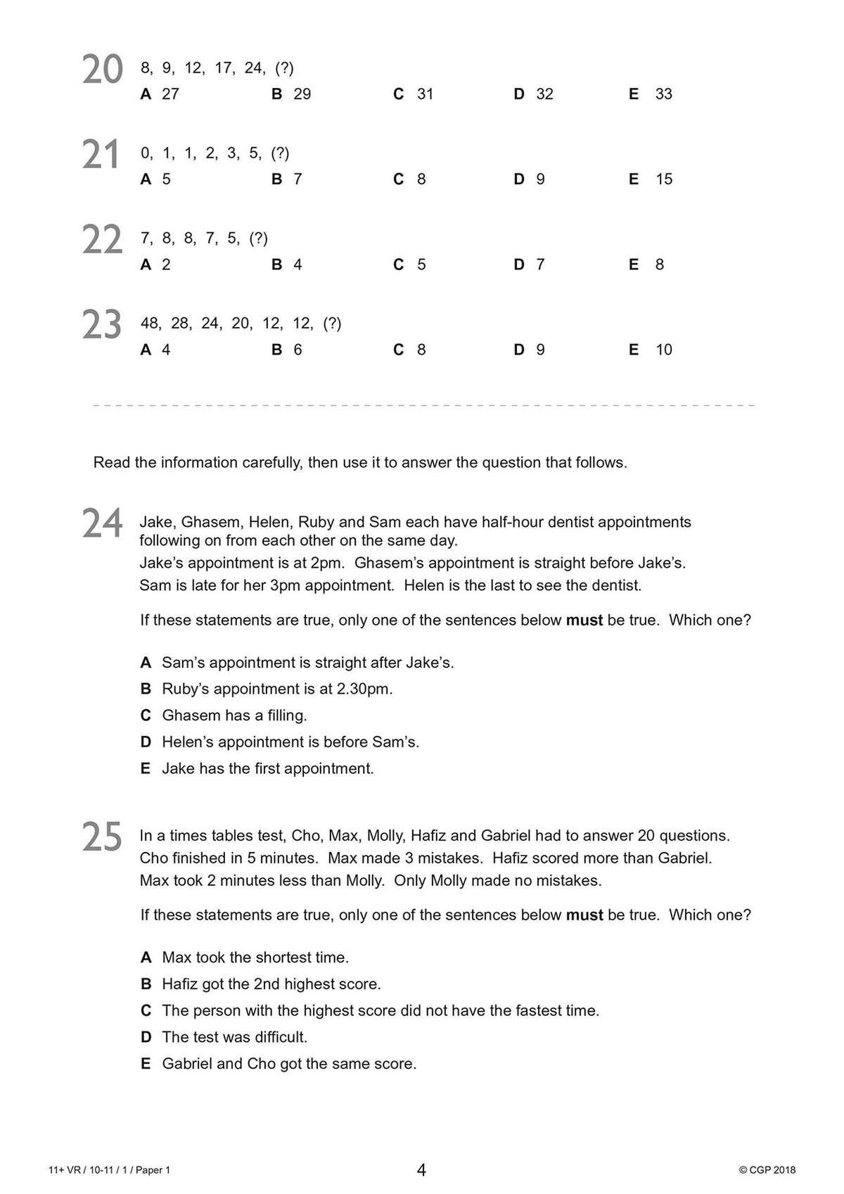 Two verbal reasoning questions requiring children to deduce the correct answer from a paragraph of text
