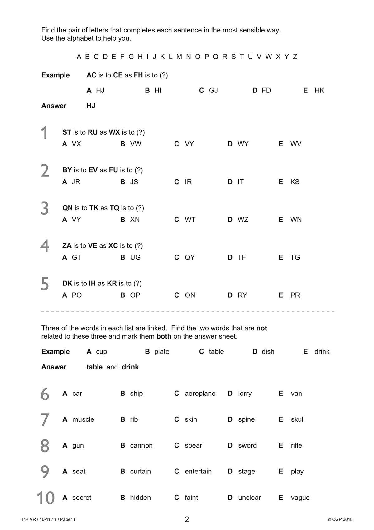 Two verbal reasoning exercises on letter patterns and word associations, with multiple-choice options for each question