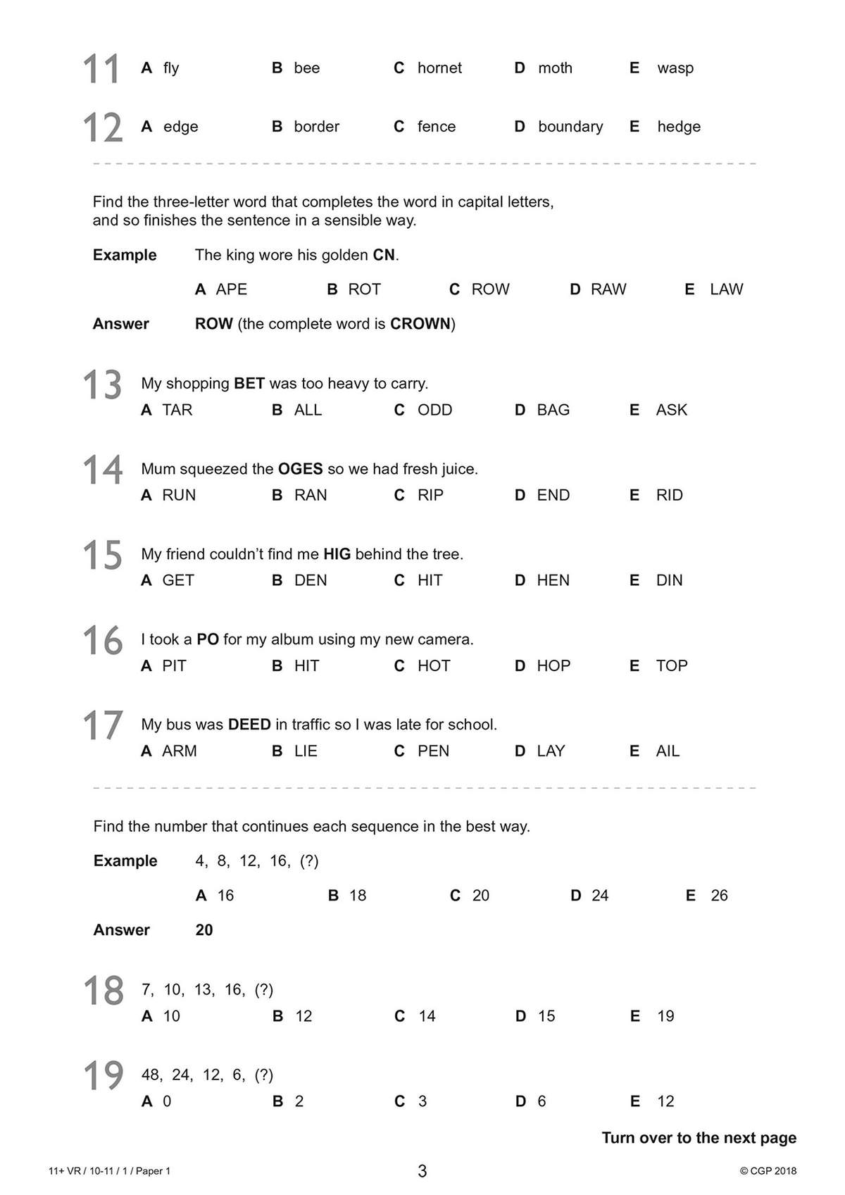 This page contains multiple-choice verbal reasoning and number sequence questions with answers provided for selected items