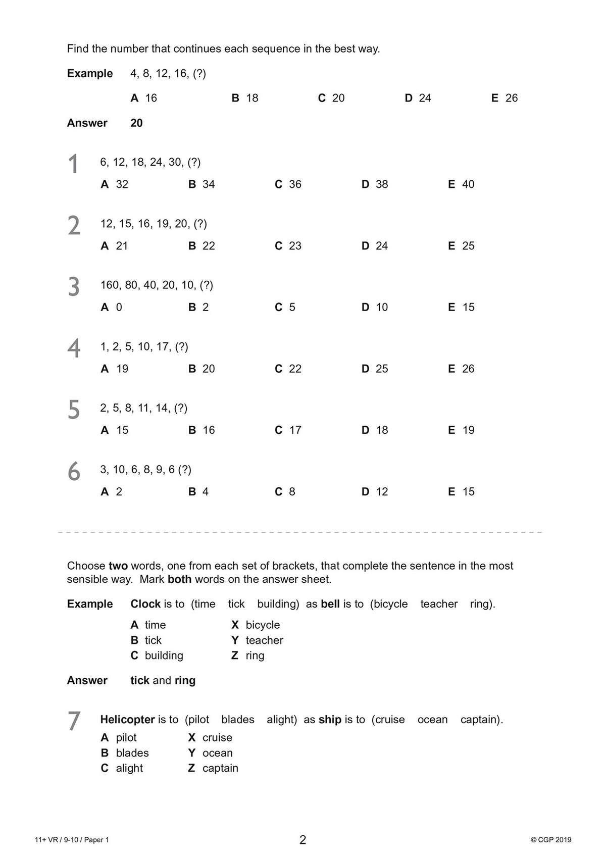 Children solve six number sequence problems and one verbal analogy question, with answers provided for self-check