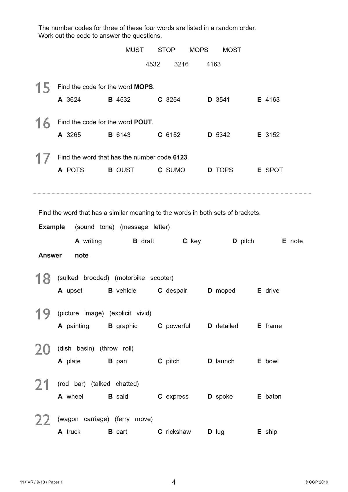 Children decode letter-to-number codes and find synonyms in brackets to answer multiple-choice questions