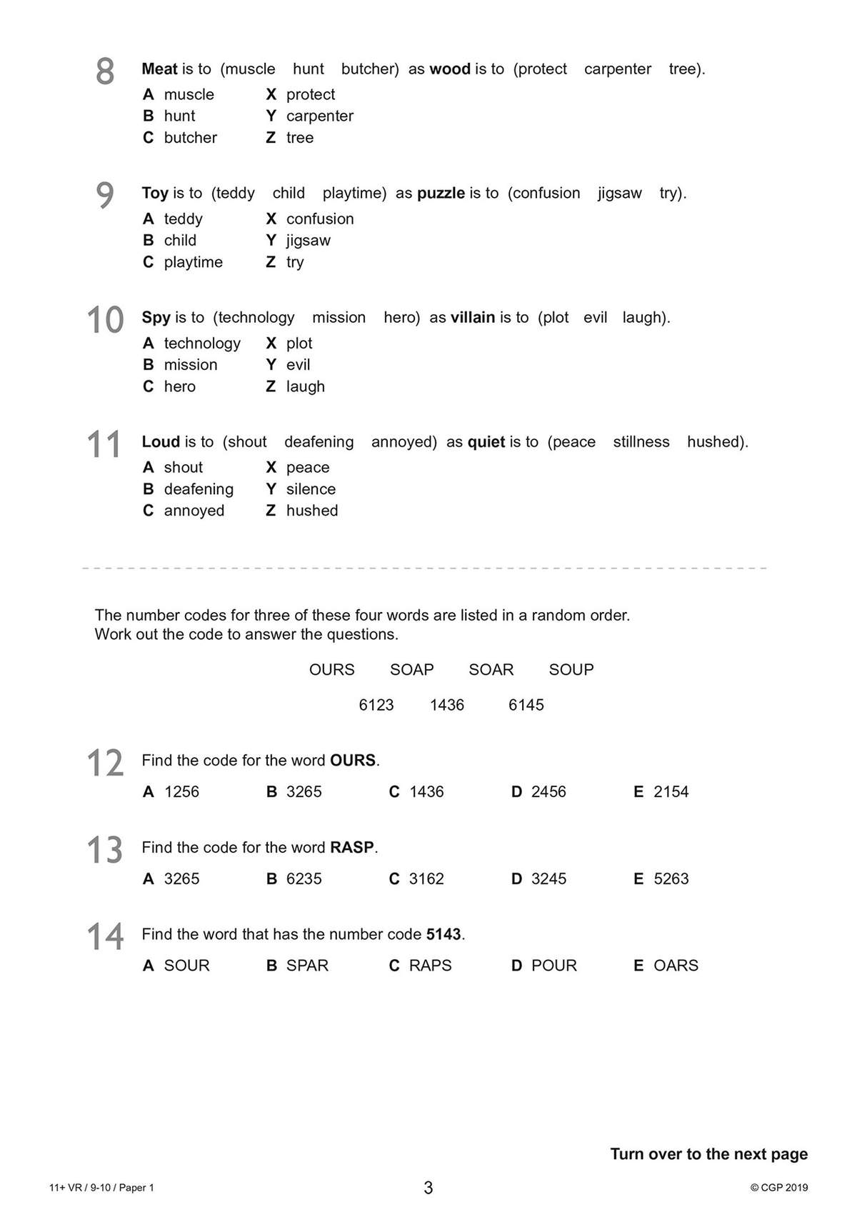 This page contains six verbal reasoning questions, including analogies and a code-breaking task